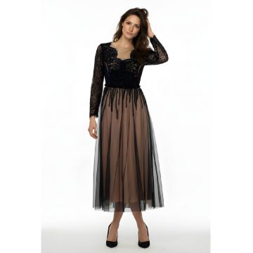 Rochie midi cu broderie si margele aplicate Evita - Negru/Bej