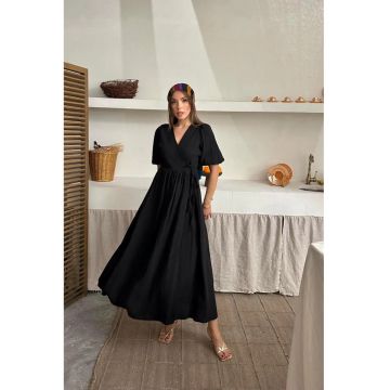 Rochie Midi -  cu centura - Negru - Bumbac