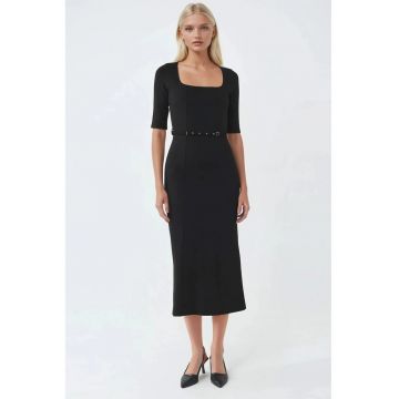 Rochie midi  cu curea - guler patrat - neagra - poliester si elastan
