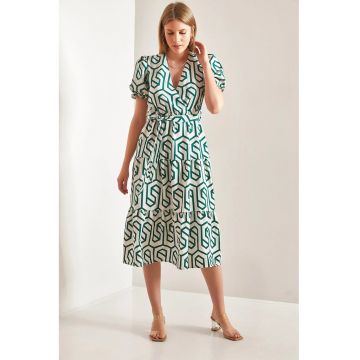Rochie Midi -  cu Decolteu in V - Verde/Alb - Bumbac