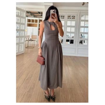 Rochie midi  cu decupaje - gri - bumbac - poliester - elastan