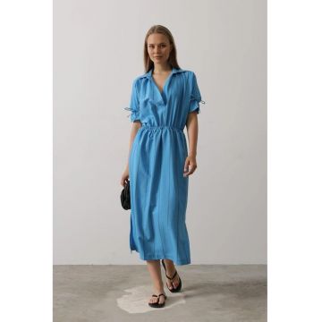 Rochie midi  cu dungi - guler tip camasa - albastru - 85% bumbac