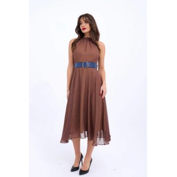 Rochie midi  cu guler halter - maro - bumbac