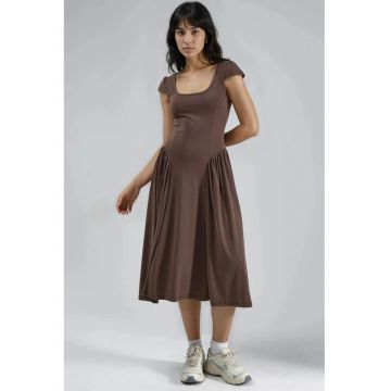 Rochie midi  cu guler solid - Maro