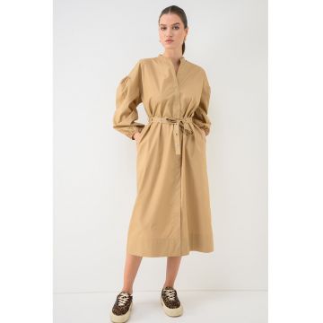 Rochie midi cu maneci bufante - Maro nisip