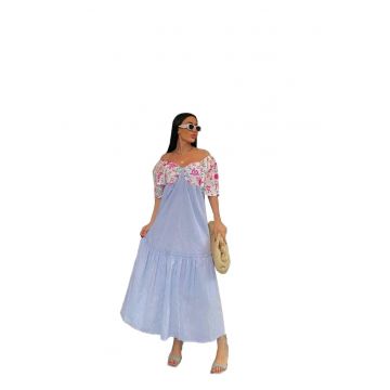 Rochie midi -  cu umeri goi - croiala in A - imprimeu floral - multicolor - bumbac/poliester