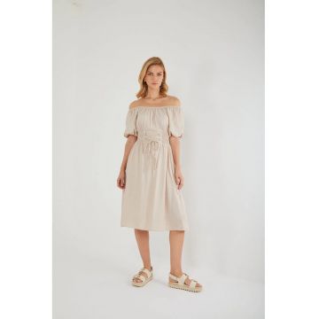 Rochie midi -  cu umerii goi - bej - textil