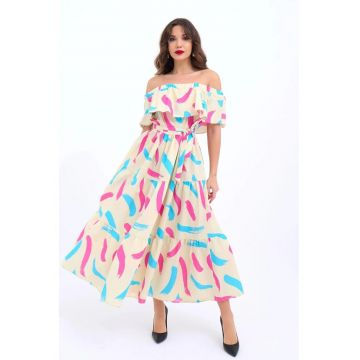 Rochie midi  cu volan - multicolor - bumbac