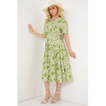 Rochie midi dama -  imprimeu - verde-alb - viscoza
