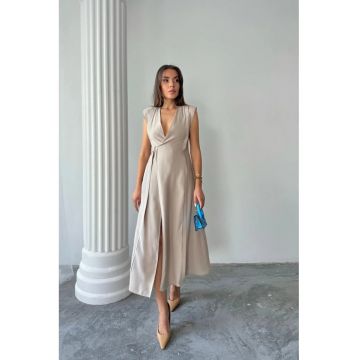 Rochie midi -  decolteu in V - bej natural - textil