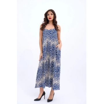 Rochie midi -  decolteu in V - bumbac - alb - albastru