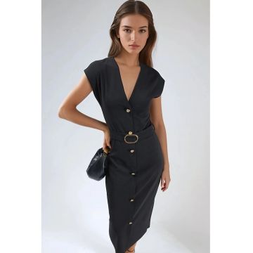 Rochie Midi  decolteu in V - neagra - textil