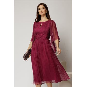 Rochie midi din matase naturala magenta cu maneci evazate si talia impletita