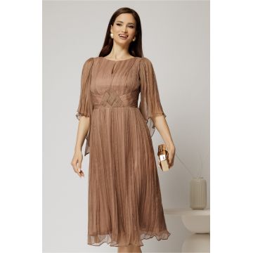 Rochie midi din matase naturala maro cu maneci evazate si talia impletita