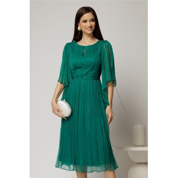 Rochie midi din matase naturala verde cu maneci evazate si talia impletita