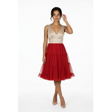 Rochie midi din tul si tafta Francisca - Rosu