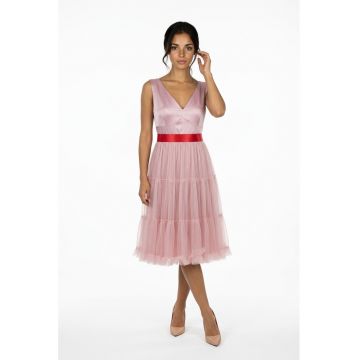 Rochie midi din tul si tafta Francisca - Roz deschis