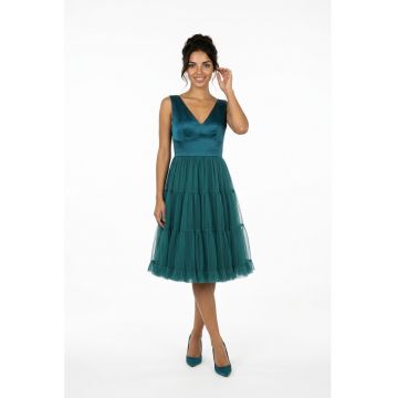 Rochie midi din tul si tafta Francisca - Turcoaz