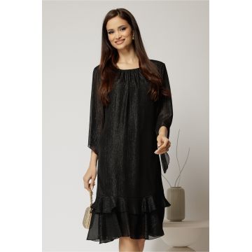 Rochie midi eleganta neagra cu fir lurex din voal cu croi lejer si volanase la baza