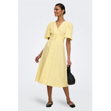 Rochie midi evazata cu decolteu in V - Galben pal