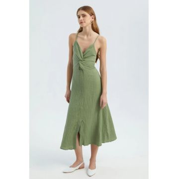Rochie midi -  fara maneci - decolteu in V - crapatura laterala - verde - textil