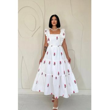 Rochie midi  florala - alb/roz - bumbac