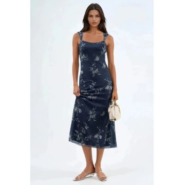 Rochie Midi -  Florala - cu Guler Inima - Albastru - poliester/elastan