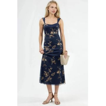 Rochie Midi -  Florala - cu Guler Inima - Jerseu - maro/bleumarin