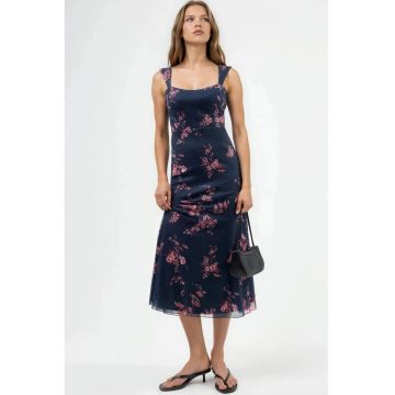 Rochie Midi -  Florala cu Guler Inima - Multicolor - Jerseu