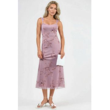 Rochie Midi -  Florala cu Guler Inima - Roz Aprins - Tricot