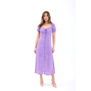 Rochie midi -  florala - guler patrat - mov - bumbac si poliester