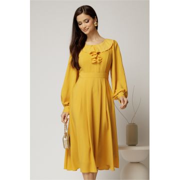 Rochie midi galben mustar din voal plin cu volanase la bust