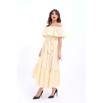 Rochie midi  galben - volane - 85% bumbac -