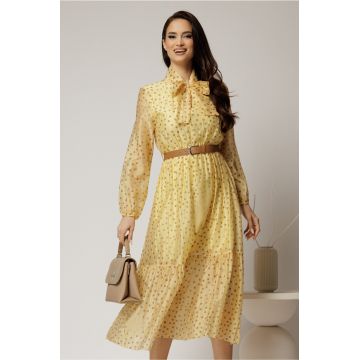Rochie midi galbena din tencel cu buline si funda la decolteu