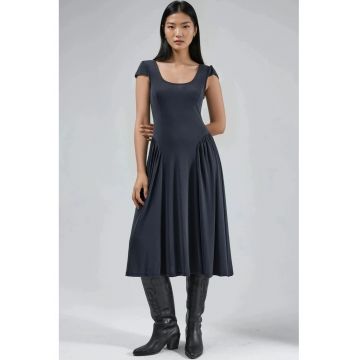 Rochie midi  gri inchis - jerseu - cu guler solid si panouri