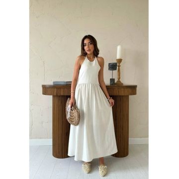 Rochie midi  guler halter - bej - bumbac