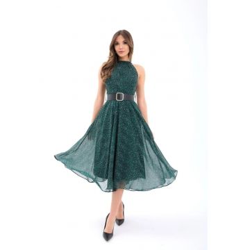 Rochie midi -  guler halter - verde - bumbac
