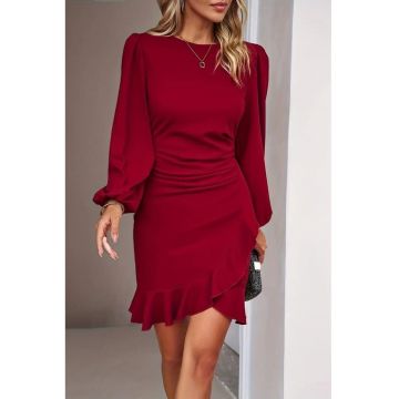 Rochie Midi  guler rotund - cu volanase - rosu - crep
