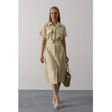 Rochie midi  guler tip camasa - bej - bumbac