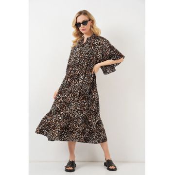 Rochie midi -  imprimeu - decolteu in V - maneci trei sferturi - maro nuc - textil -