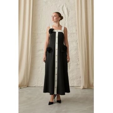 Rochie midi  inchidere cu nasturi - neagra - bumbac