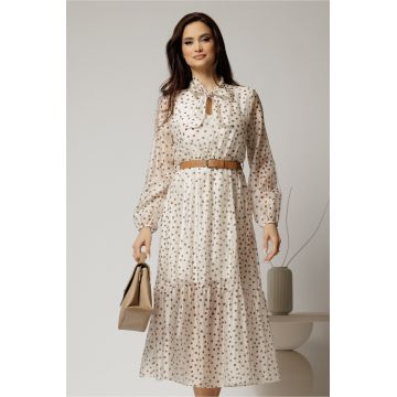 Rochie midi ivoar din tencel cu buline si funda la decolteu
