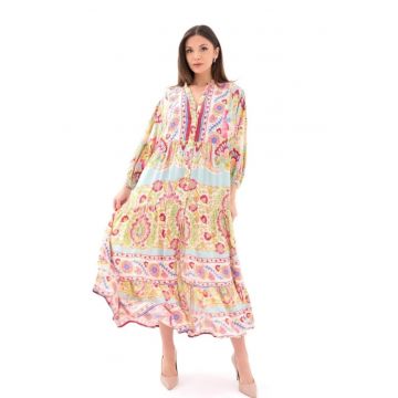 Rochie midi -  lejera - decolteu in V - multicolor - textil