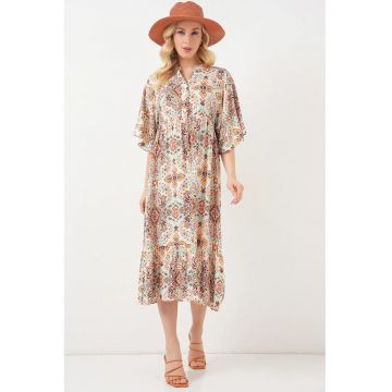 Rochie midi  maneci trei sferturi - maro - textil