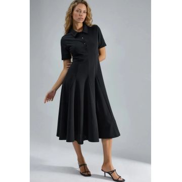 Rochie Midi  Negru - Jerseu - Guler Tip Camasa -