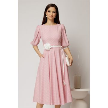 Rochie midi roz cu buline si cordon detasabil in talie