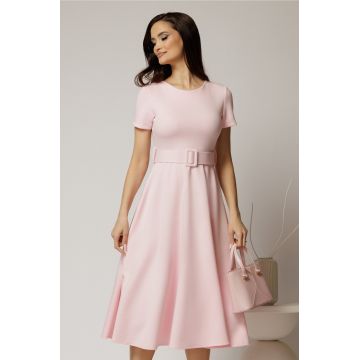Rochie midi roz cu maneca scurta si curea in talie cu adaos de viscoza