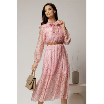 Rochie midi roz din tencel cu buline si funda la decolteu
