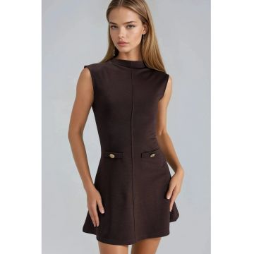Rochie midi  slim fit - cu buzunare - maro - textil