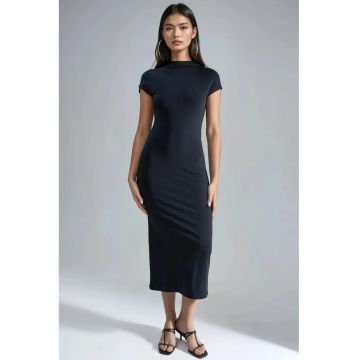 Rochie Midi  Slim Fit - Guler Rotund - Negru - Jerseu
